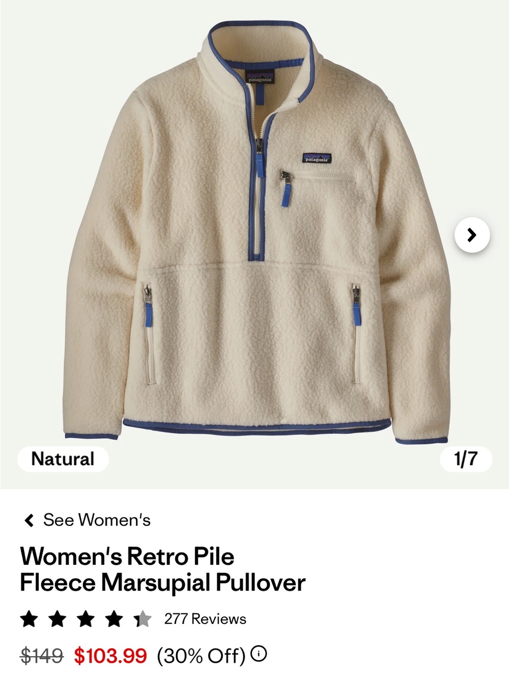 Patagonia Natural Retro Pile Fleece Pullover with Blue Trim